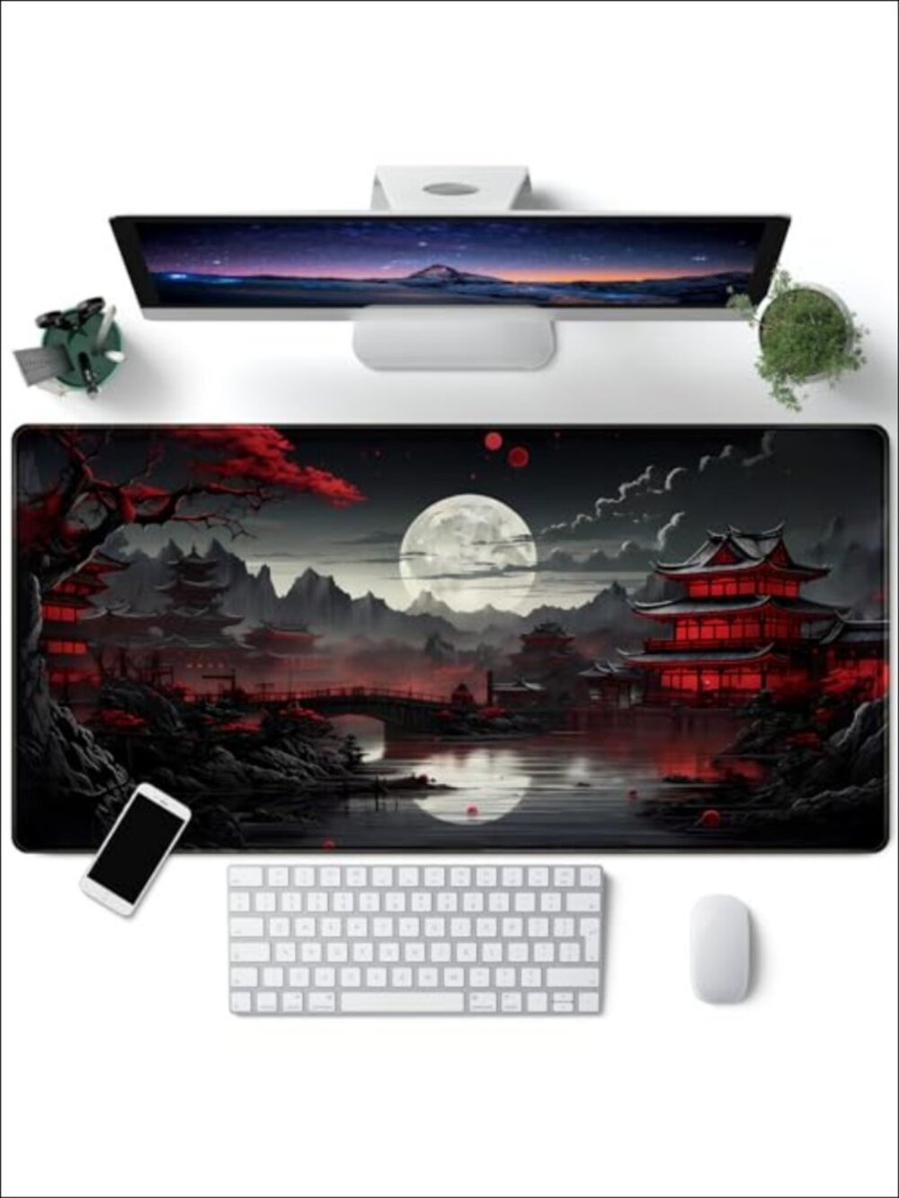Large Desk Mat Japanese Riverside Full Moon Desk Pad Non-Slip Rubber Base